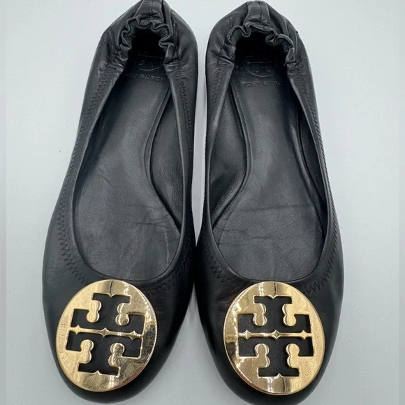 Tory Burch Black Flats with Gold Emblem - Picture 1 of 13